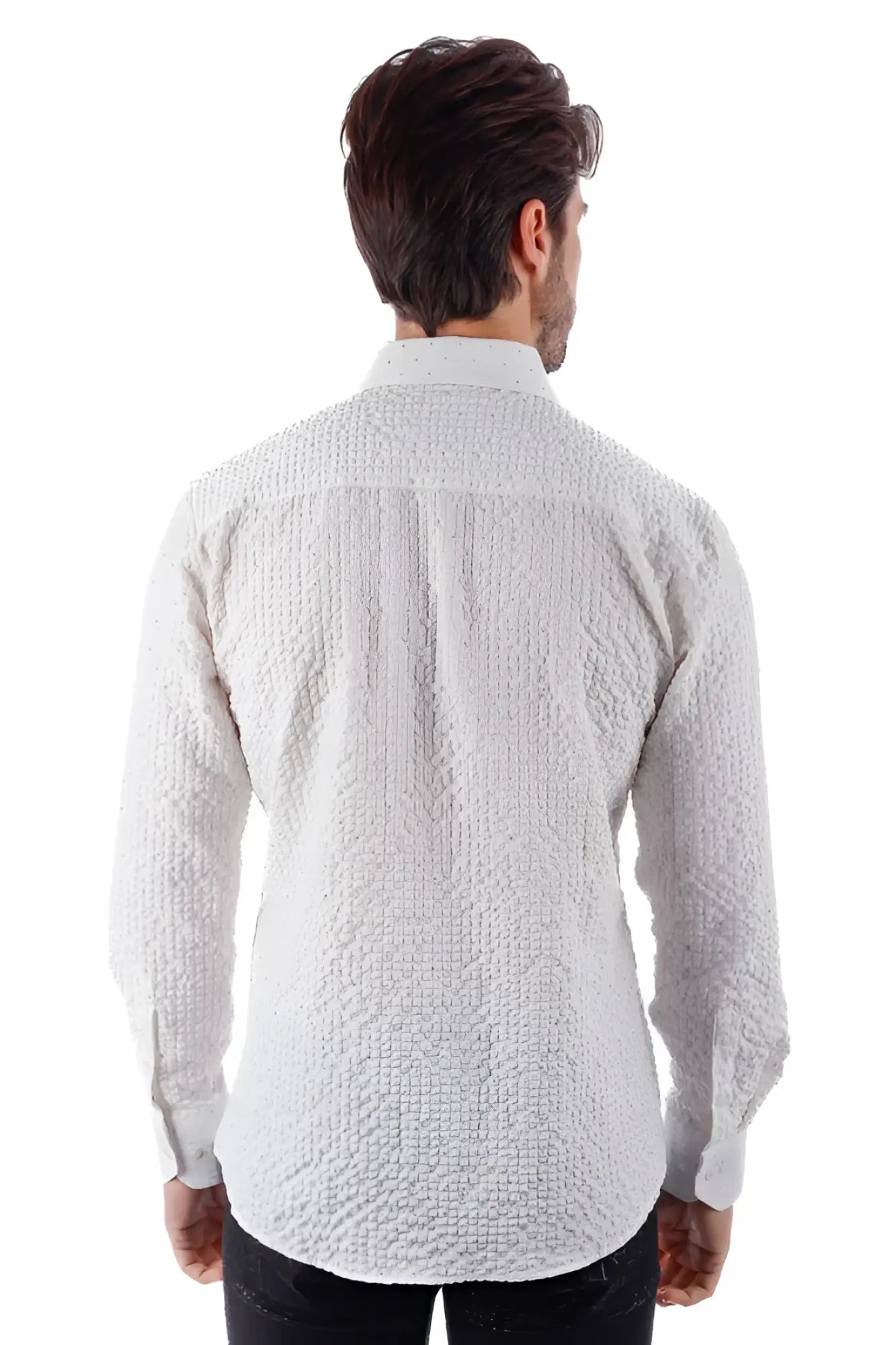 White jurox long-sleeve button-up shirt with subtle woven pattern and textured fabric for formal wear