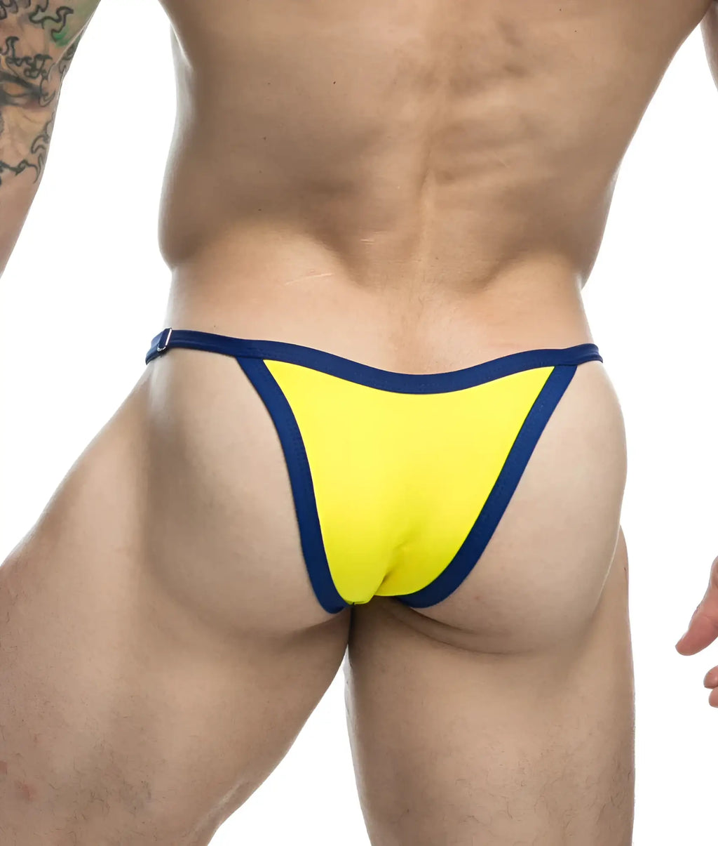Bright yellow thong bikini with navy blue trim from justin and simon featuring a sleek design