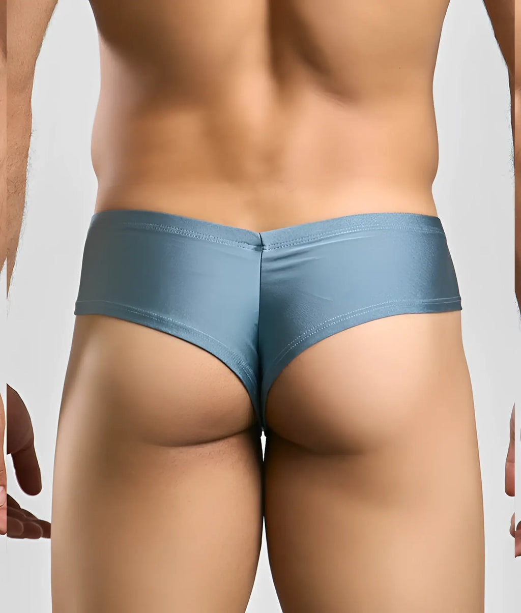 Blue metallic briefs with a sleek form-fitting design by justin simon cheek