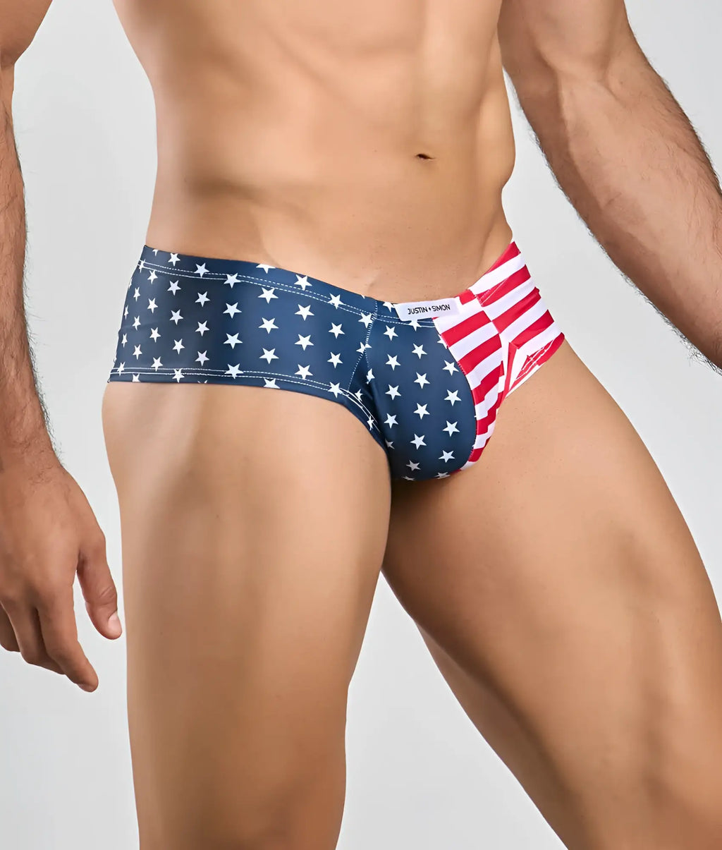 Blue and red american flag patterned briefs with white stars from justin simon cheek underwear collection