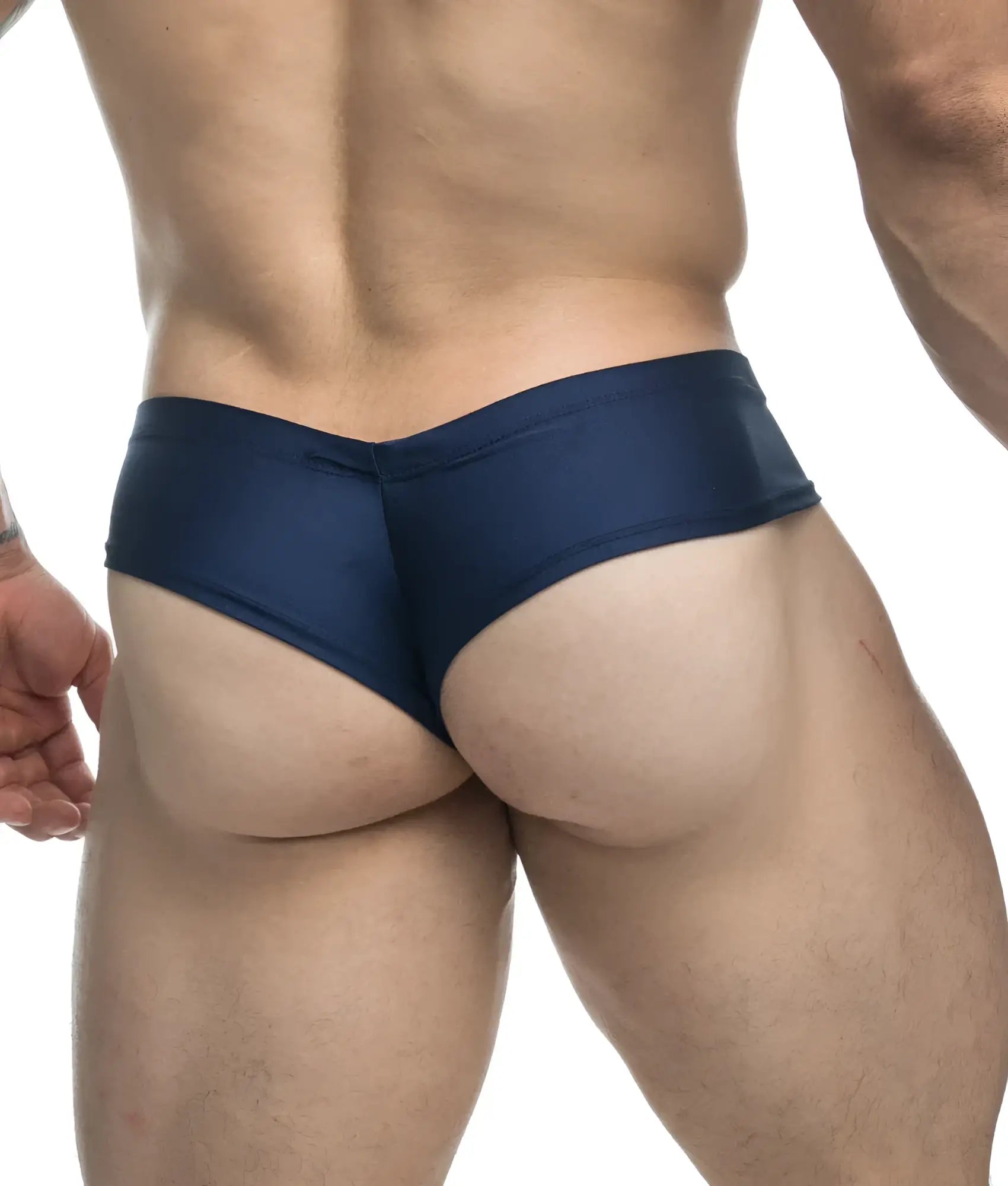 Navy blue satin briefs from Justin + Simon cheek showcasing a smooth, shiny fabric and comfortable fit