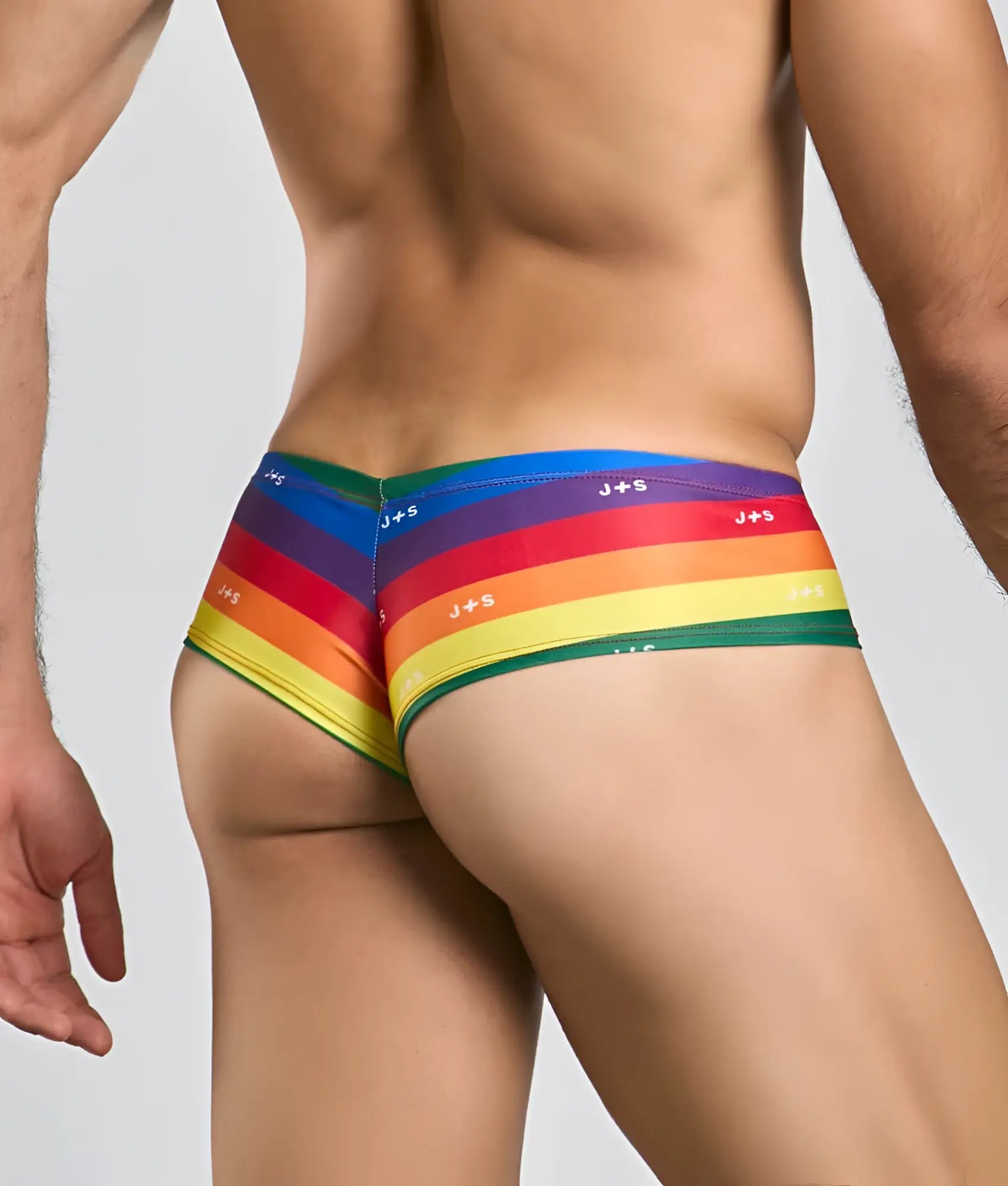 Rainbow-striped justin + simon cheek briefs with j+s branding in soft breathable fabric for everyday comfort