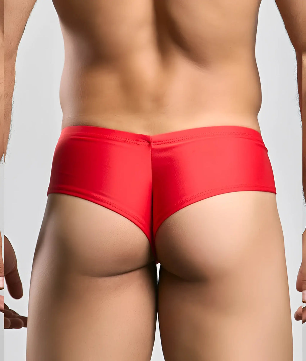 Justin plus Simon Cheek red shiny fabric briefs in front view with smooth stretch material for comfortable wear