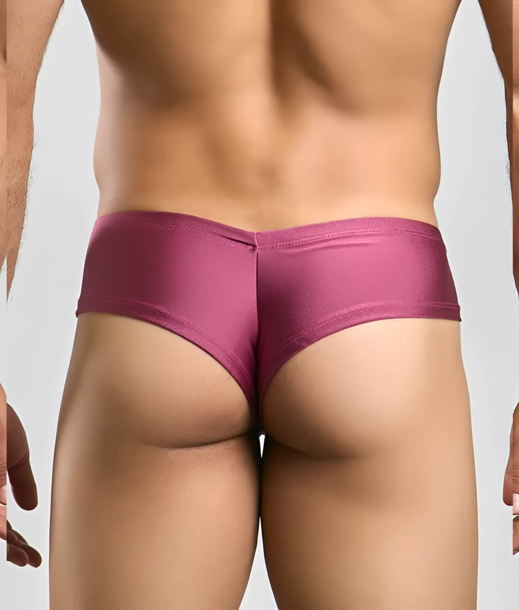 A sleek magenta satin low-rise brief with a smooth shiny finish from the Justin plus Simon Cheek collection