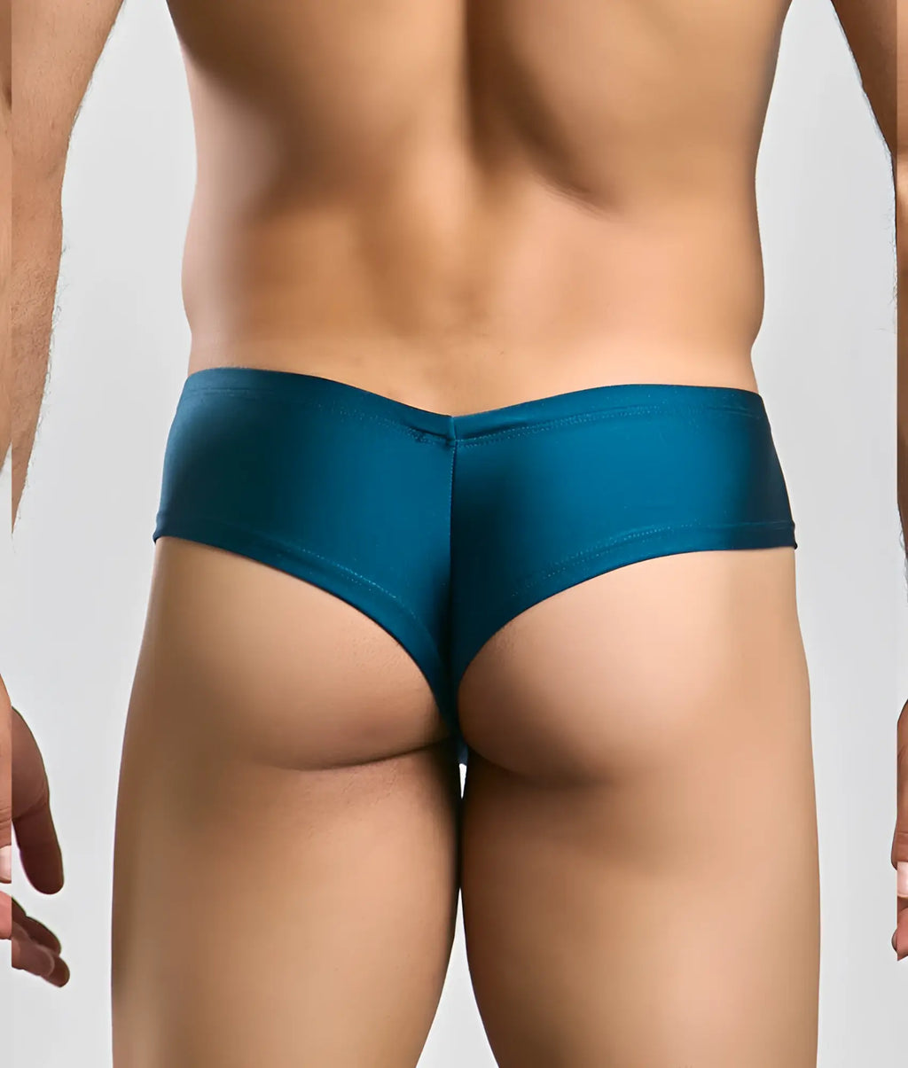 Teal satin briefs with a smooth glossy finish and low-rise cut by Justin plus Simon showing the front view