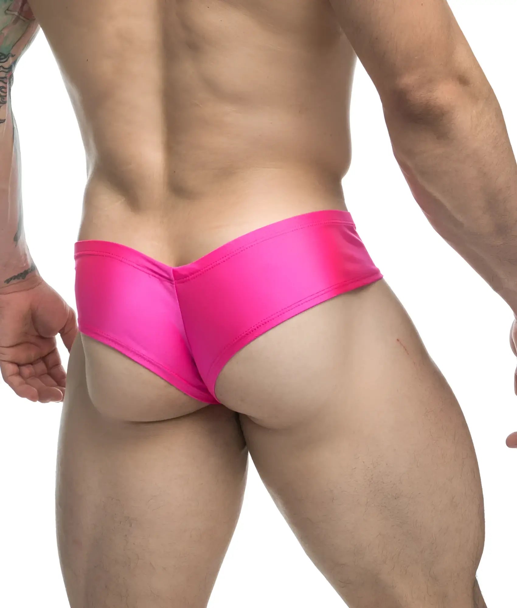 Vibrant pink satin briefs from justin + simon cheek with a sleek form fitting design