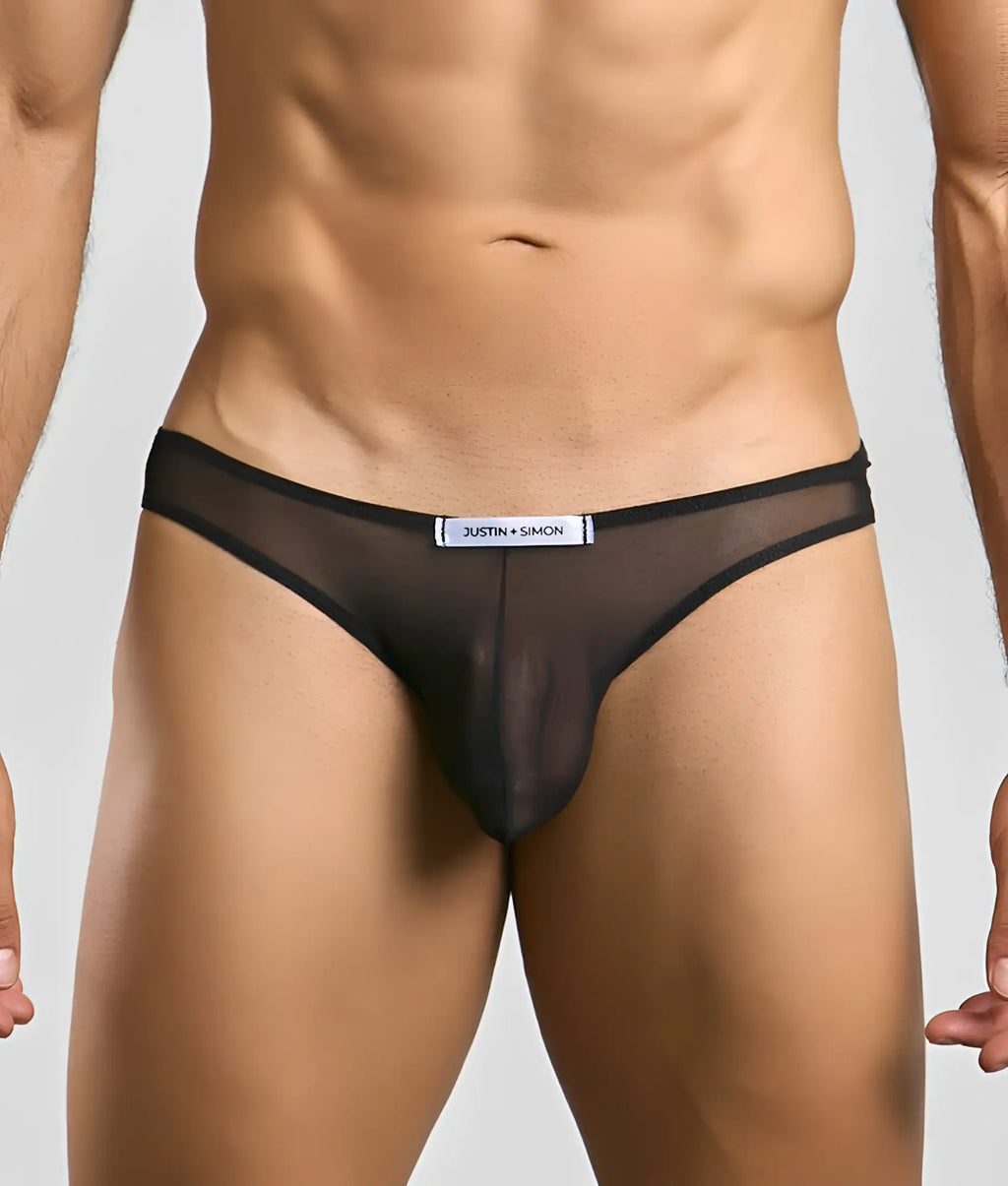 Black sheer mesh briefs with solid black waistband and justin + simon white label classic mens bikini mesh
