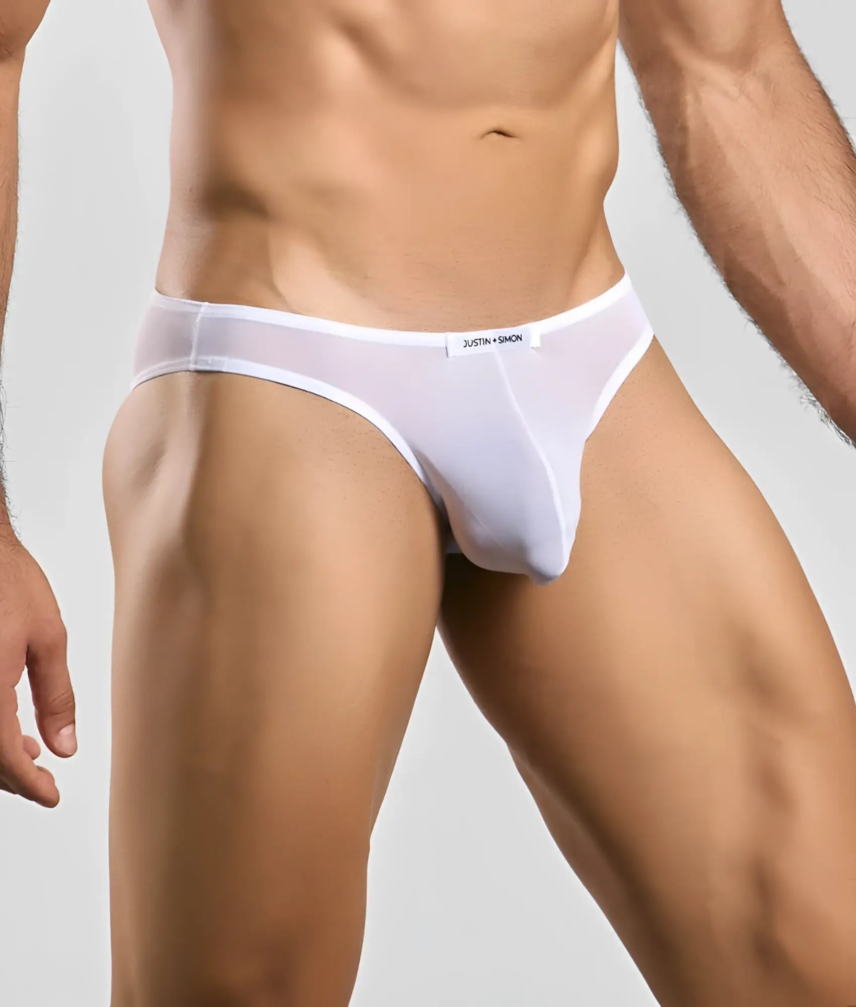 White sheer mesh briefs with branded waistband from justin + simon classic mens bikini mesh collection