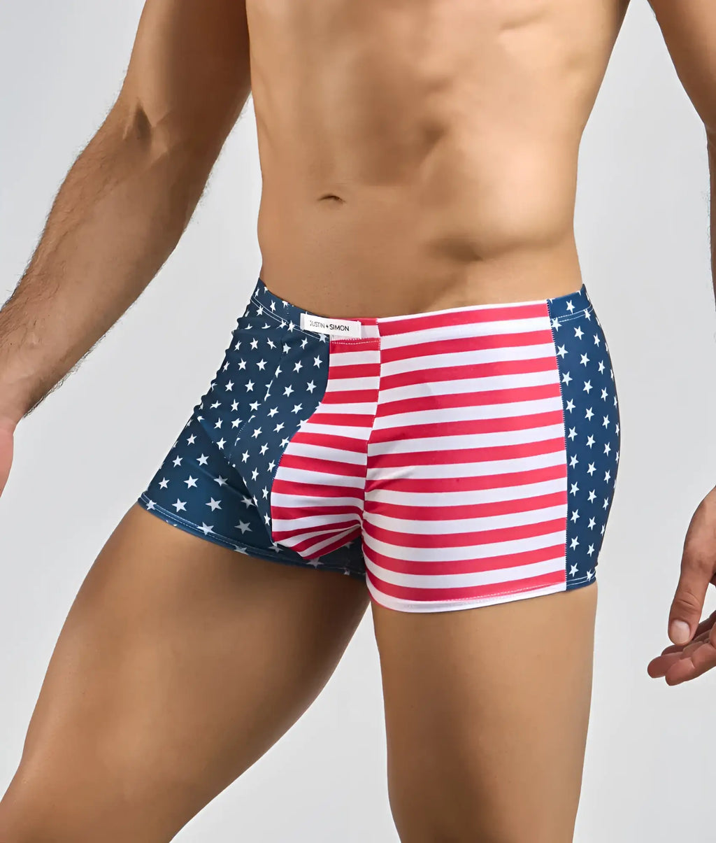 Justin plus Simon classic boxer briefs with American flag design featuring red white stripes and blue white stars
