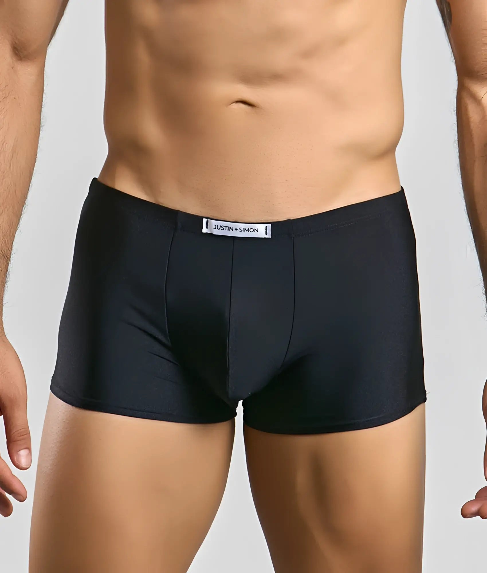Black Justin Simon classic boxer men’s boxer briefs with smooth stretchy fabric and branded waistband label