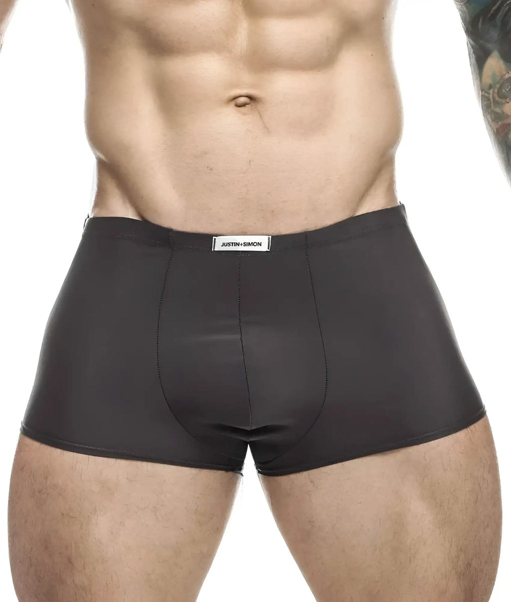 Black Justin plus Simon classic boxer men’s briefs with sleek smooth fabric and subtle waistband label visible from the front