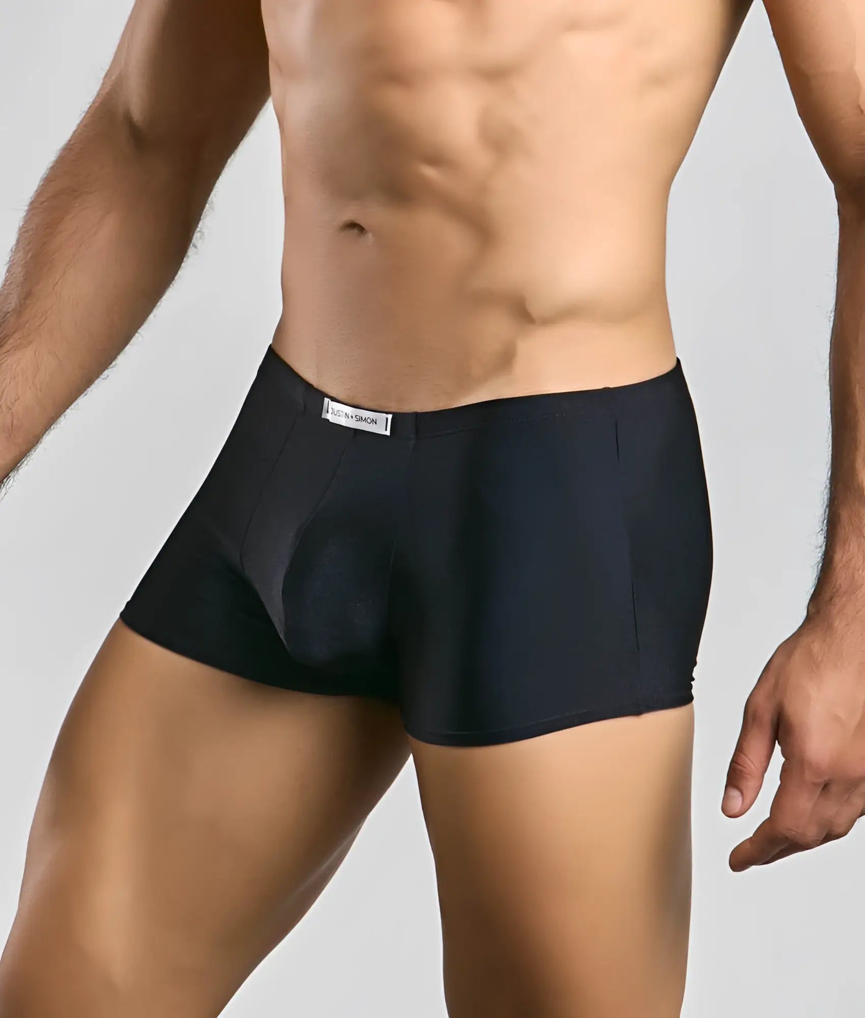 Black men’s boxer briefs Justin Simon classic boxer with smooth form-fitting design and subtle brand tag at waistband