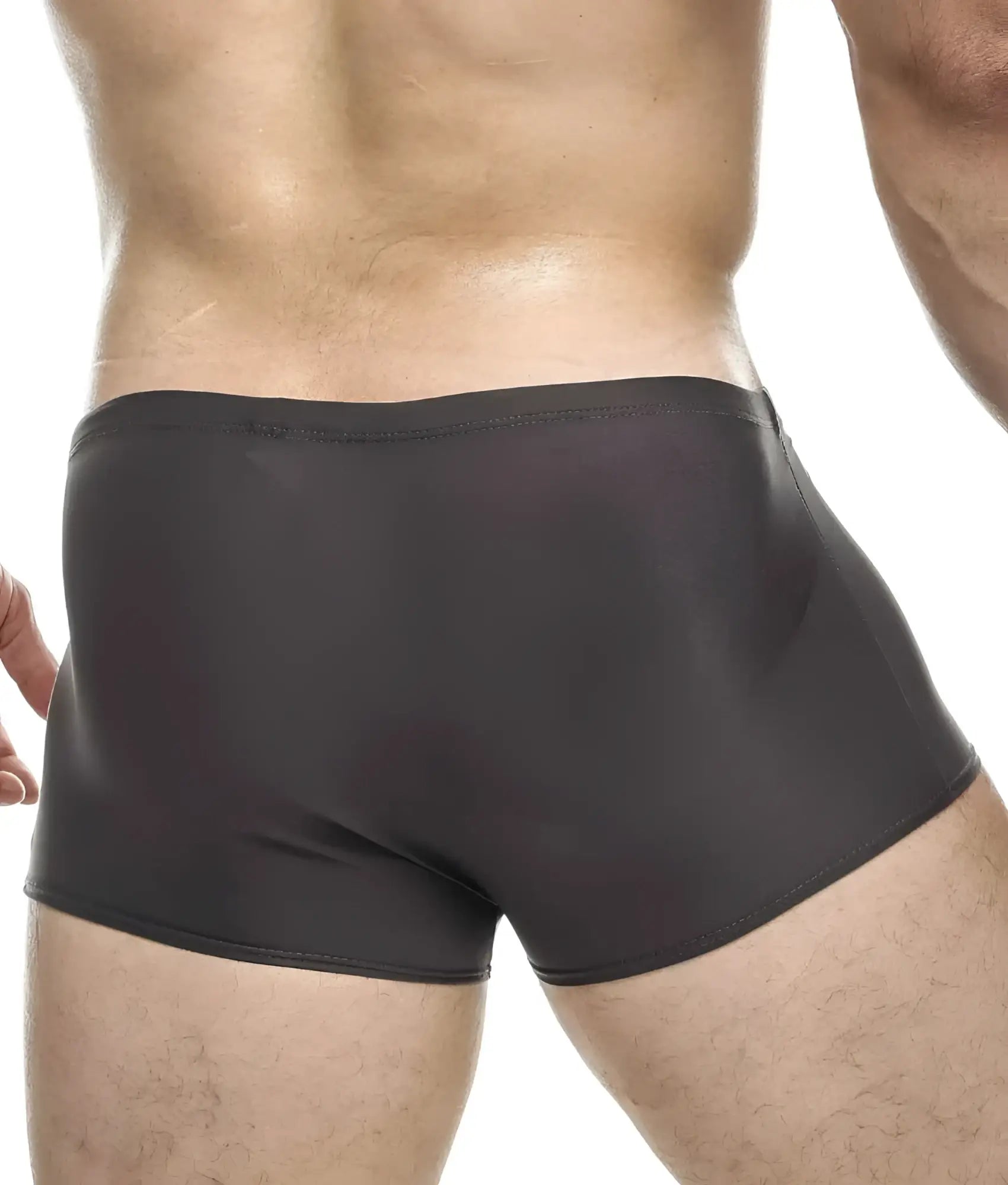 Black form-fitting swim trunks with smooth glossy finish from justin + simon classic boxer collection