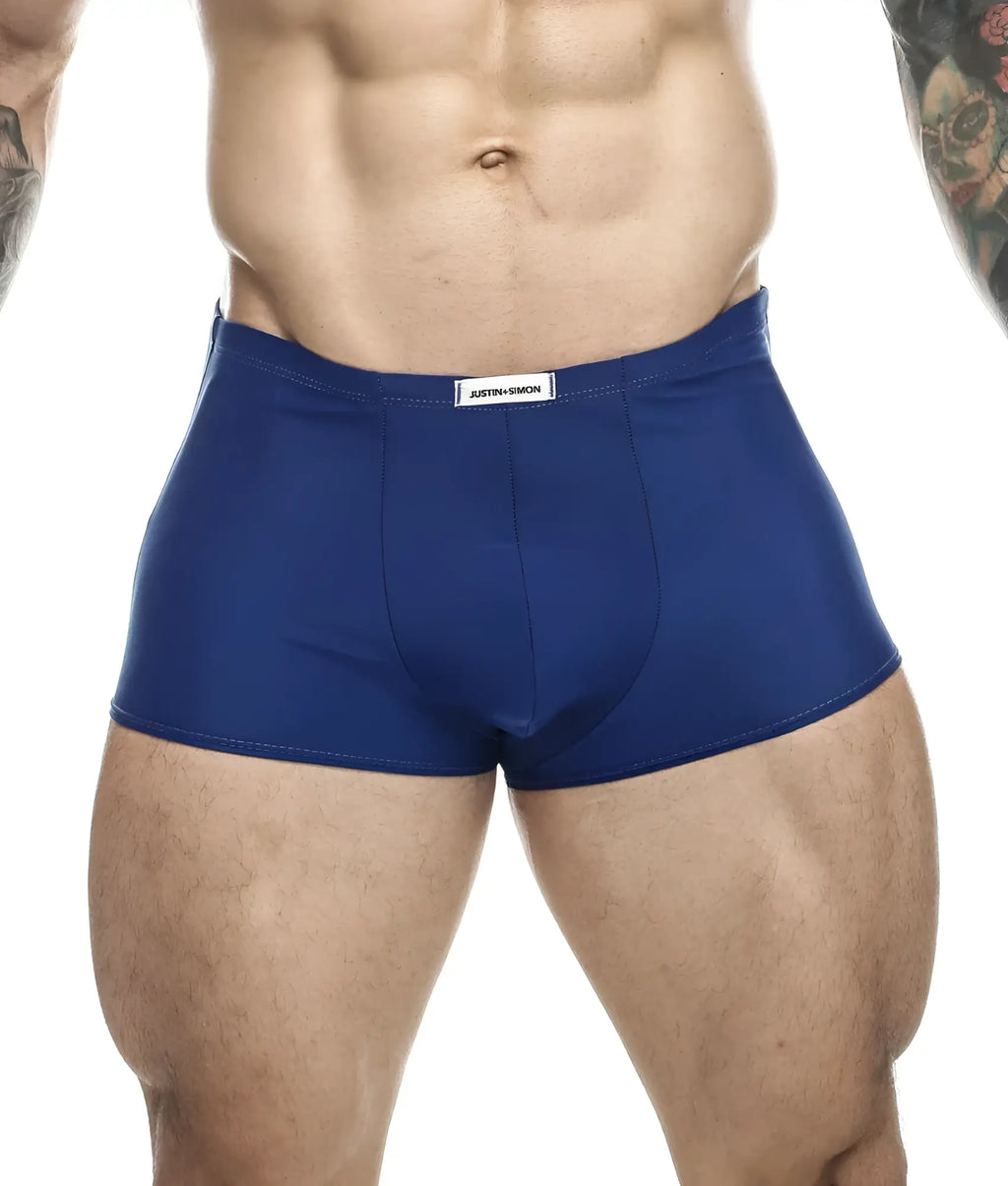 Blue classic boxer briefs with a white waistband label from Justin and Simon featuring a comfortable fit