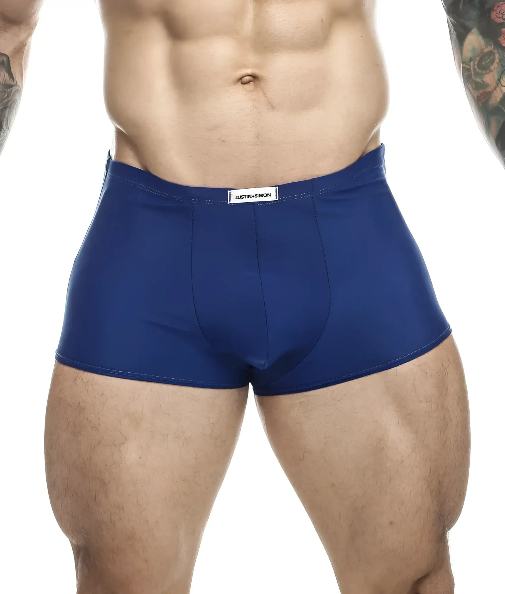 Blue classic boxer briefs with a white waistband label from Justin and Simon featuring a comfortable fit