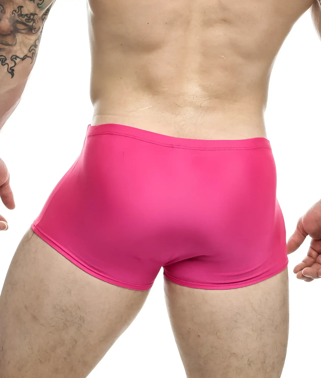 Justin plus Simon classic boxer bright pink form-fitting swim trunks made of smooth stretchy fabric