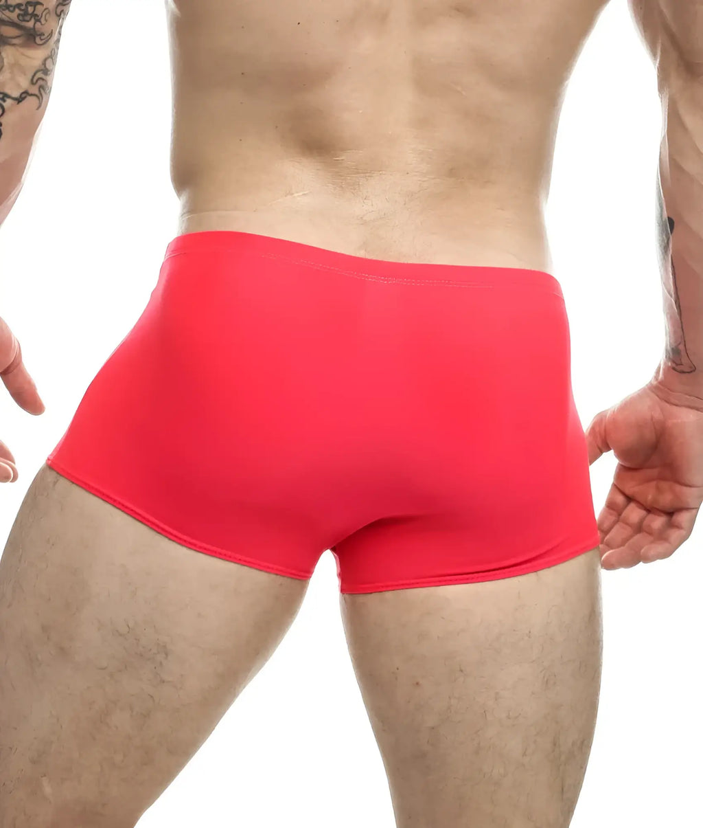 Bright red form-fitting boxer briefs made of smooth stretch fabric from justin + simon classic boxer collection