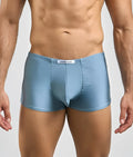 Light blue shiny satin briefs with white brand tag at waistband from Justin and Simon classic boxer collection