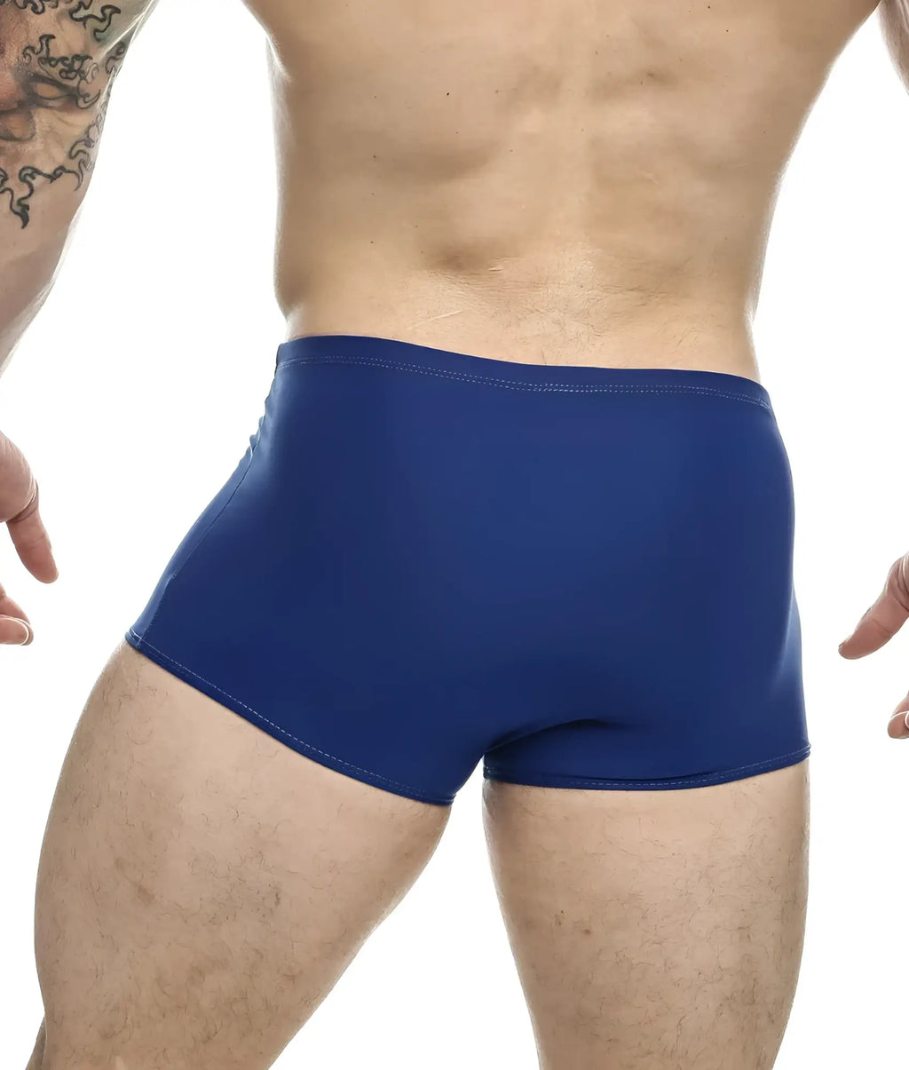 Justin + Simon classic boxer solid royal blue swim trunks with smooth stretchy fabric and clean waistband stitching