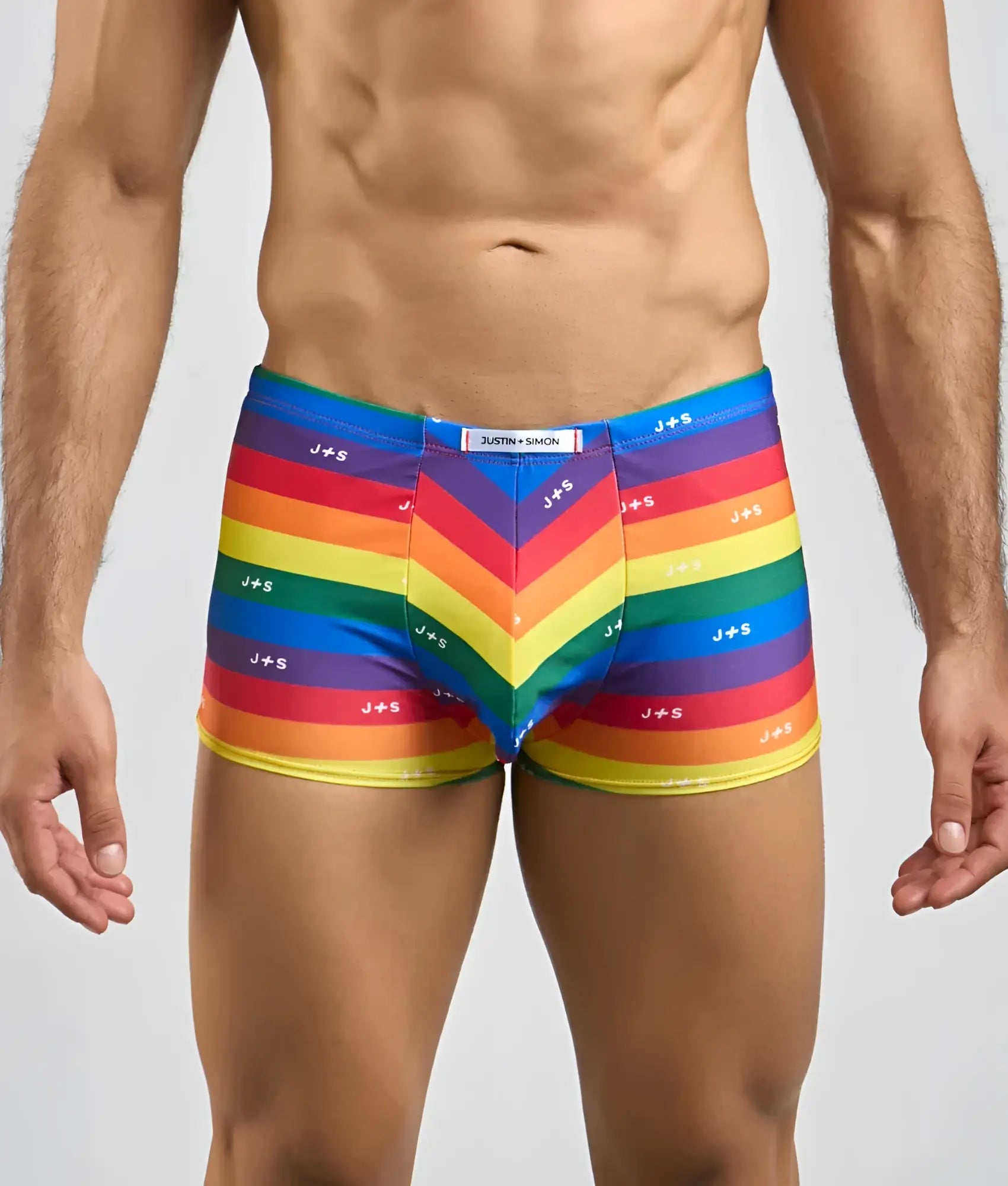 Vibrant rainbow-striped men’s boxer briefs with chevron pattern and elastic waistband from justin plus simon classic boxer