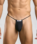 Black justin simon classic g-string bulge with thin elastic straps and gathered fabric pouch for support