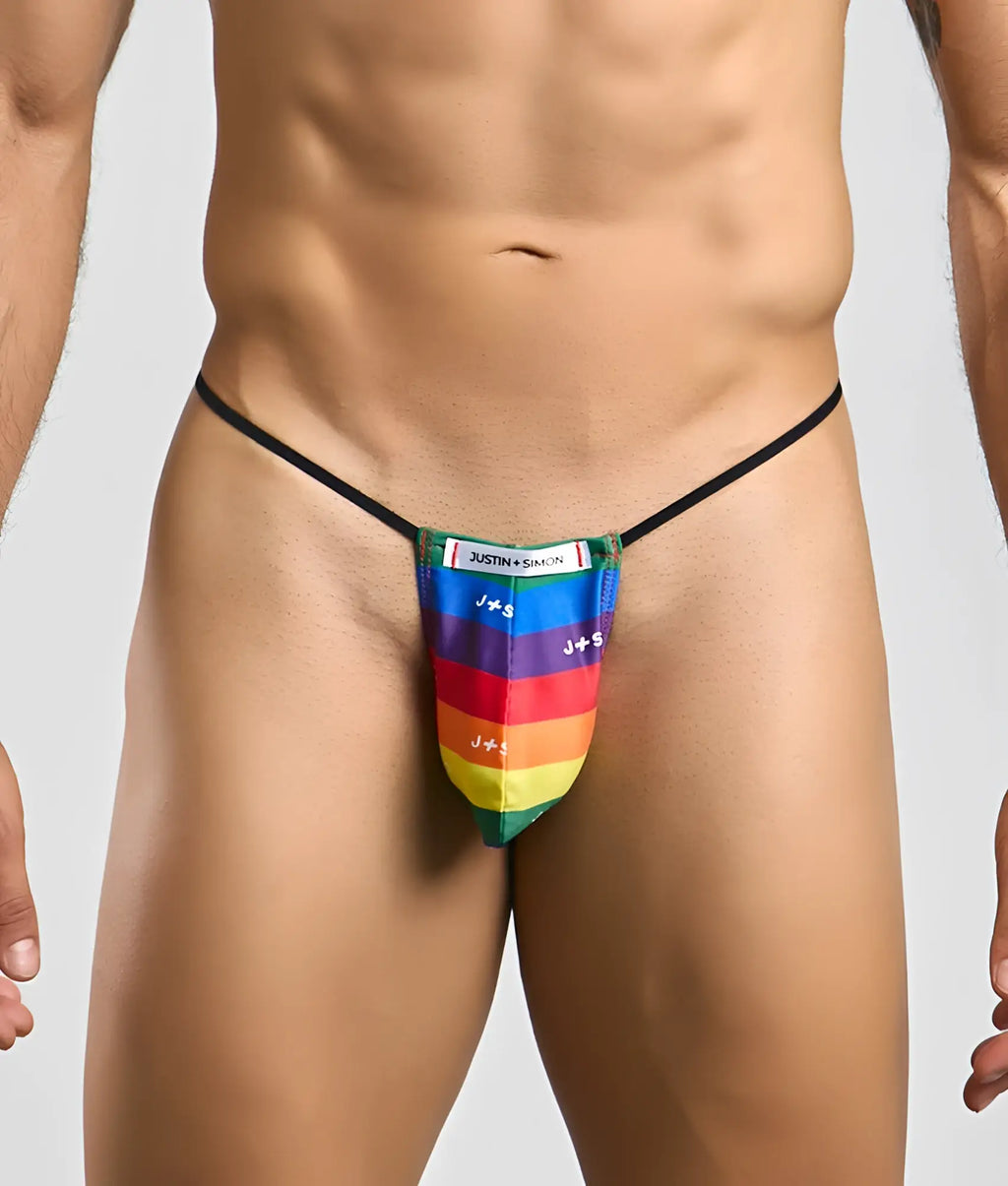 Rainbow-striped classic g-string bulge with black elastic waistband and j+ s branding by justin + simon