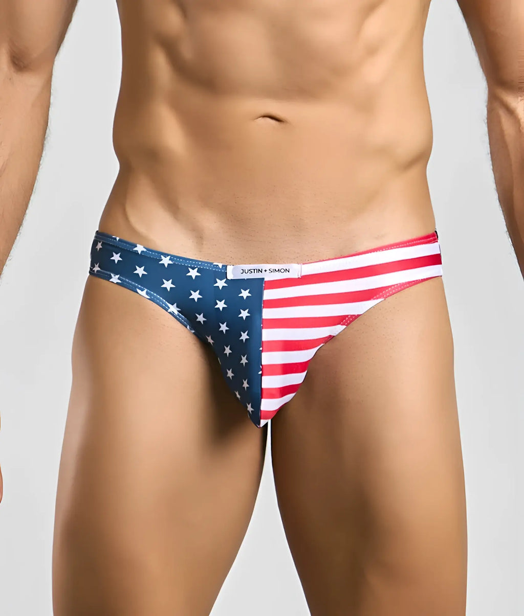 American flag-themed men’s briefs by Justin Simon classic mens bikini featuring patriotic colors and comfortable fit