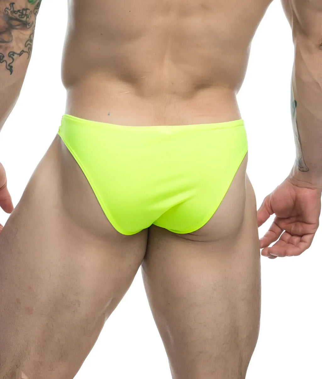 Justin + Simon classic mens bikini briefs in bright neon green soft breathable fabric for everyday comfort