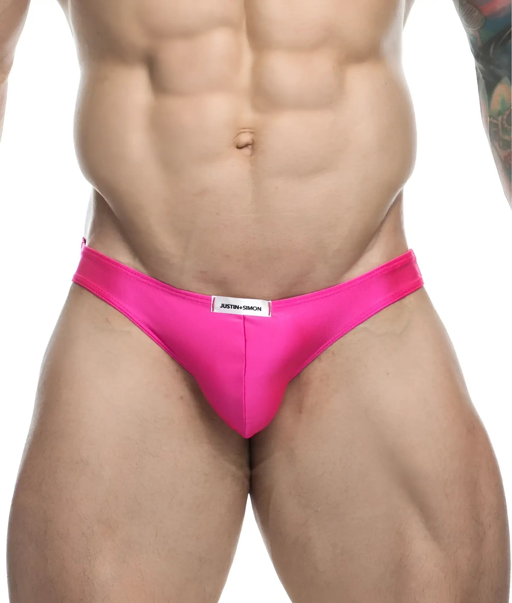 Bright pink sleek satin briefs with justin simon label at waistband from Justin plus Simon classic mens bikini collection
