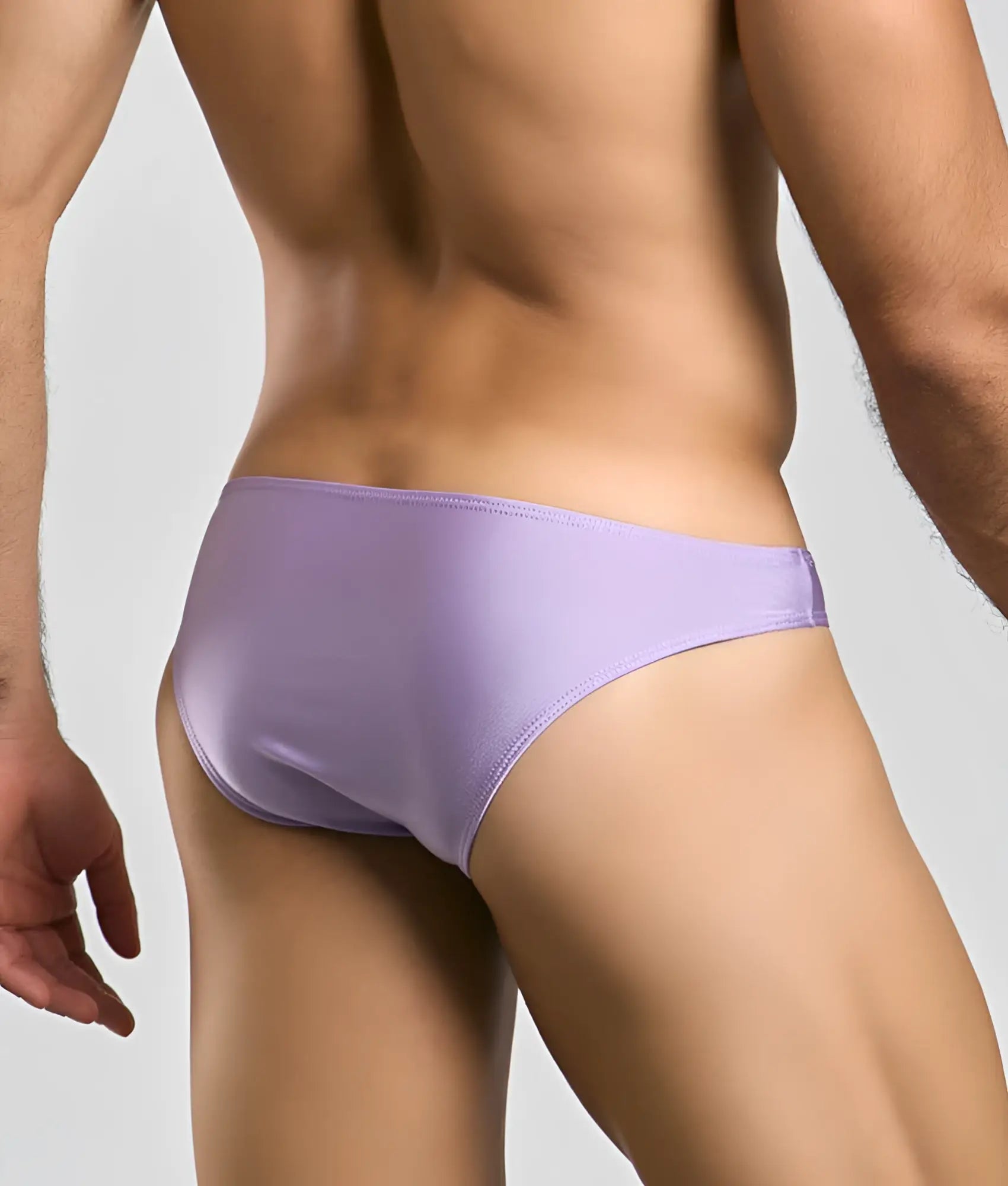 Lavender-colored smooth textured classic mens bikini briefs by Justin + Simon with a sleek minimalist design