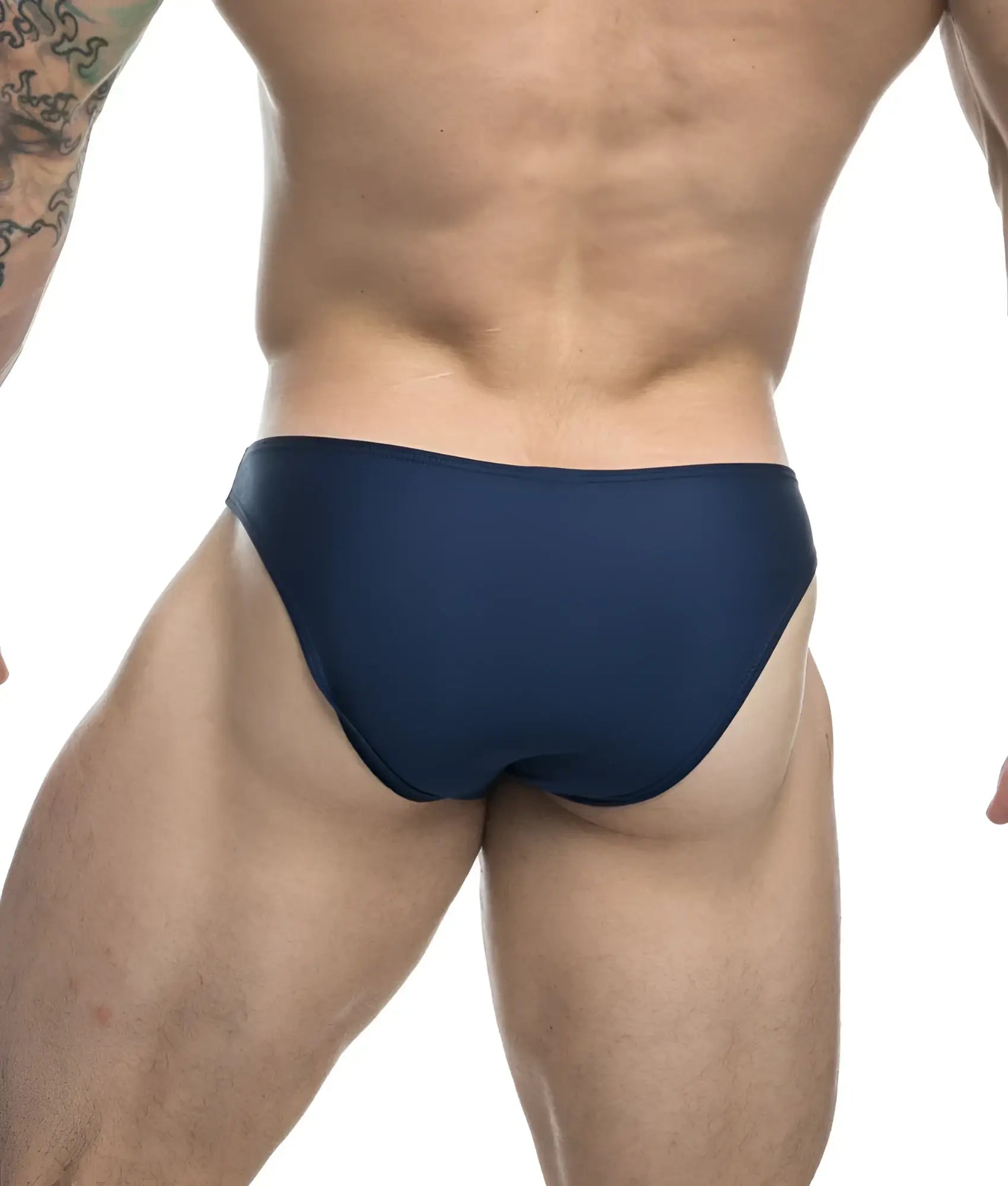 Navy blue Justin + Simon classic mens bikini briefs made from soft breathable fabric shown from the back side