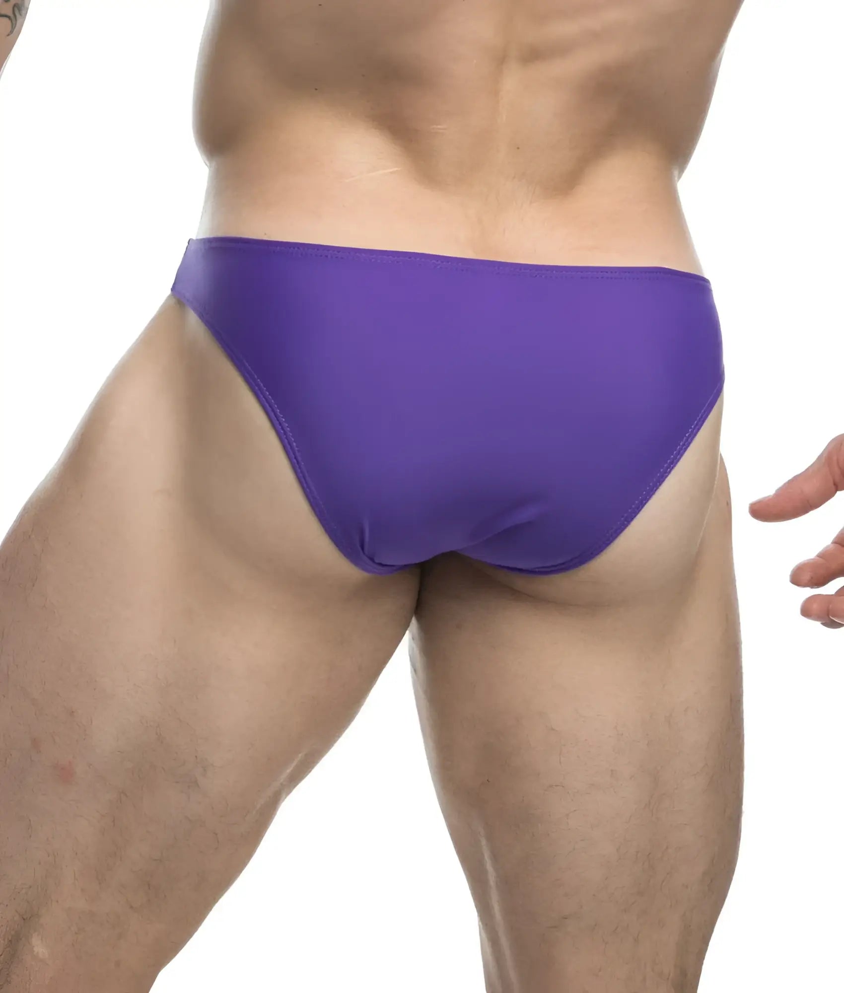 Purple justin + simon classic mens bikini swim trunks with a smooth, form-fitting design for comfortable wear