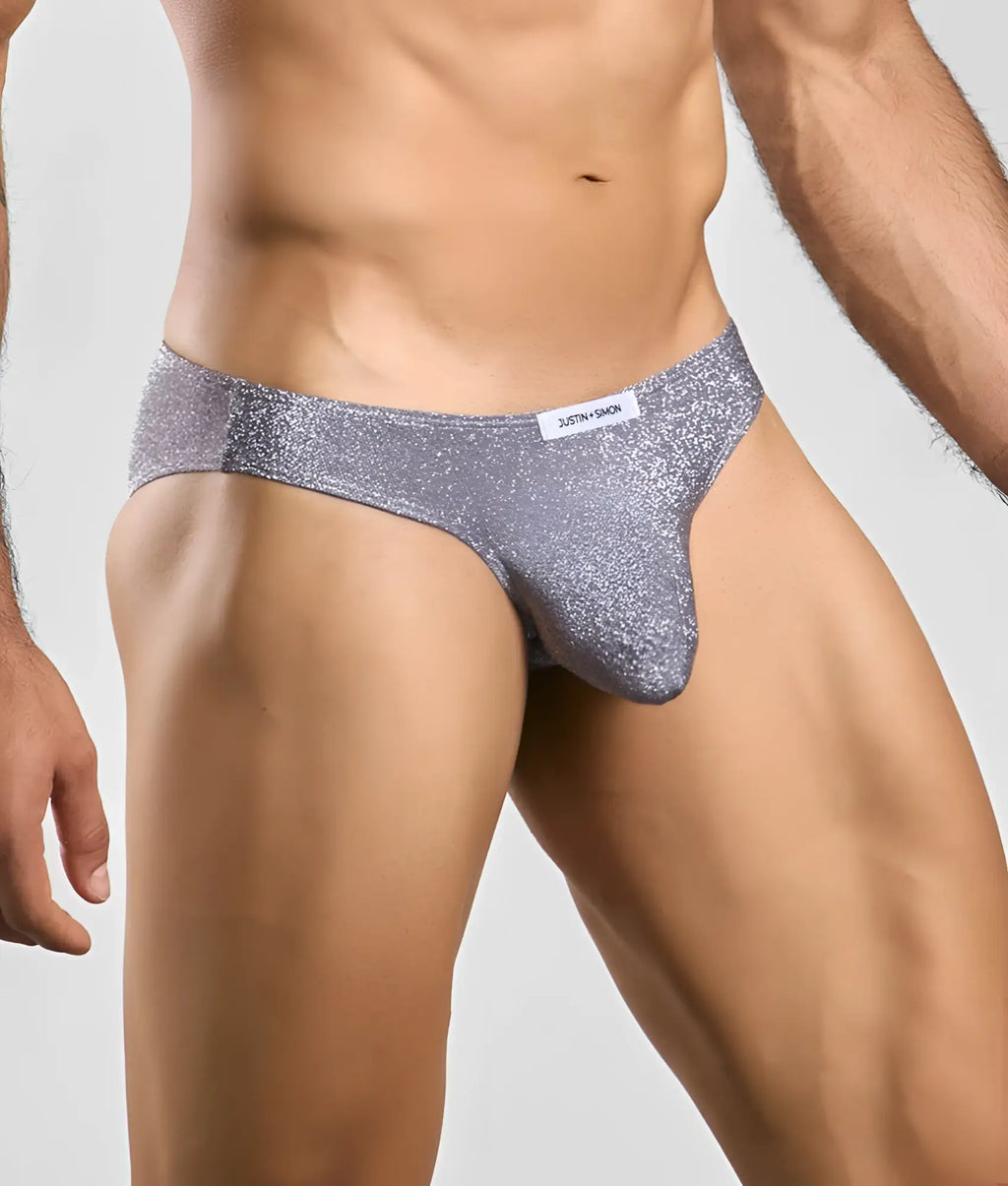 Justin + Simon classic mens bikini briefs in silver glitter with a snug, form-fitting design