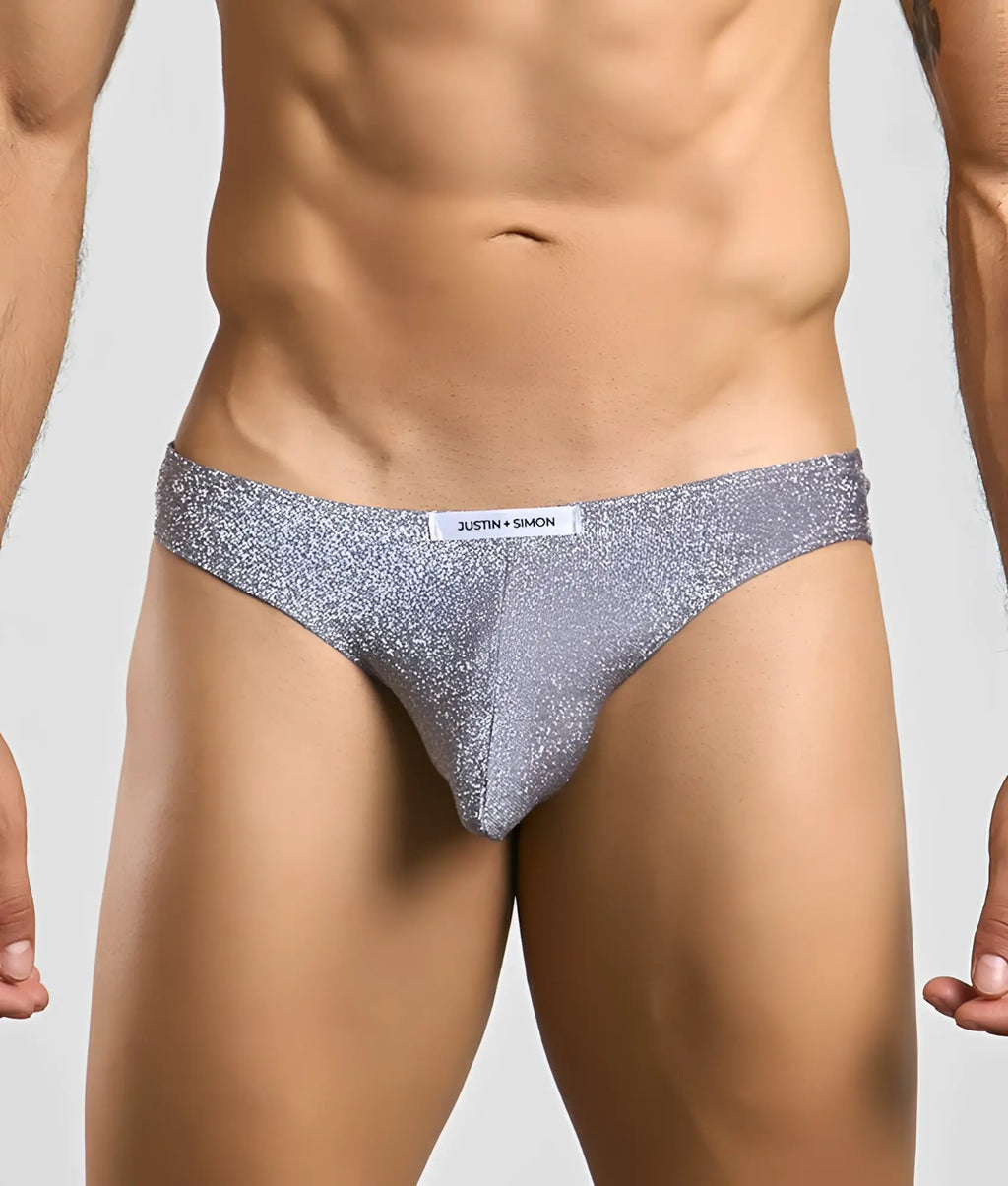 Silver glittery classic mens bikini briefs with white justin plus simon label on waistband