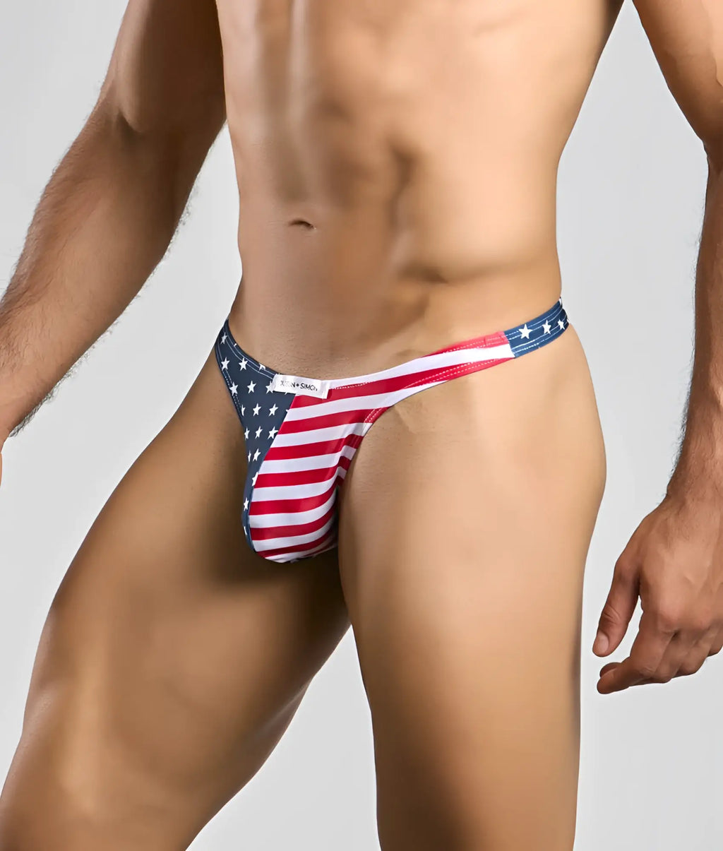 Justin + Simon classic tanga American flag-themed thong in red white and blue stretchy fabric shown from the back