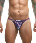 Purple patterned thong with love and circular designs in white pink and blue from justin + simon classic tanga fun prints