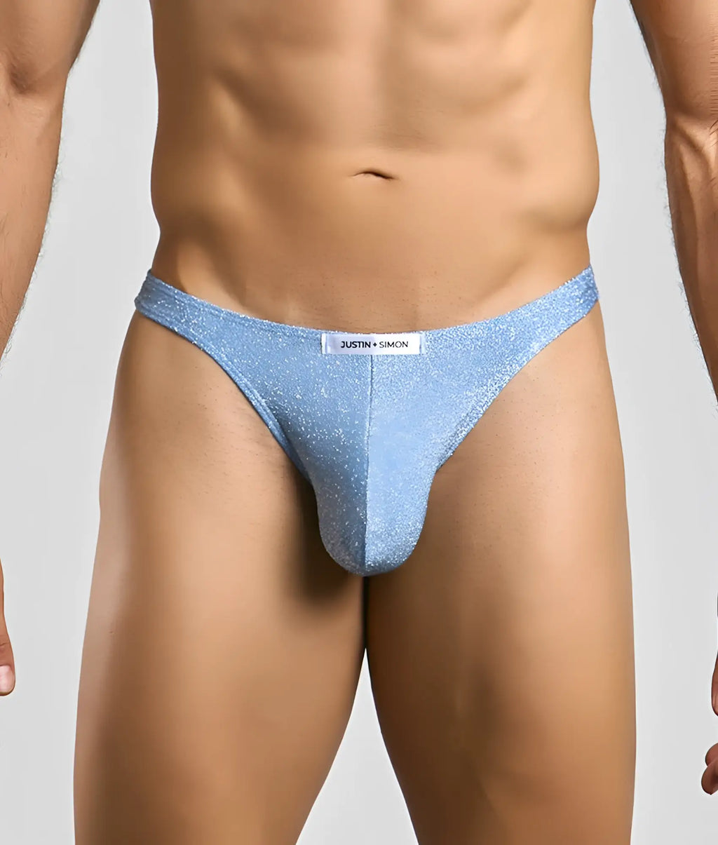 Light blue glittery thong by Justin Simon from the Justin plus Simon Classic Tanga collection front view