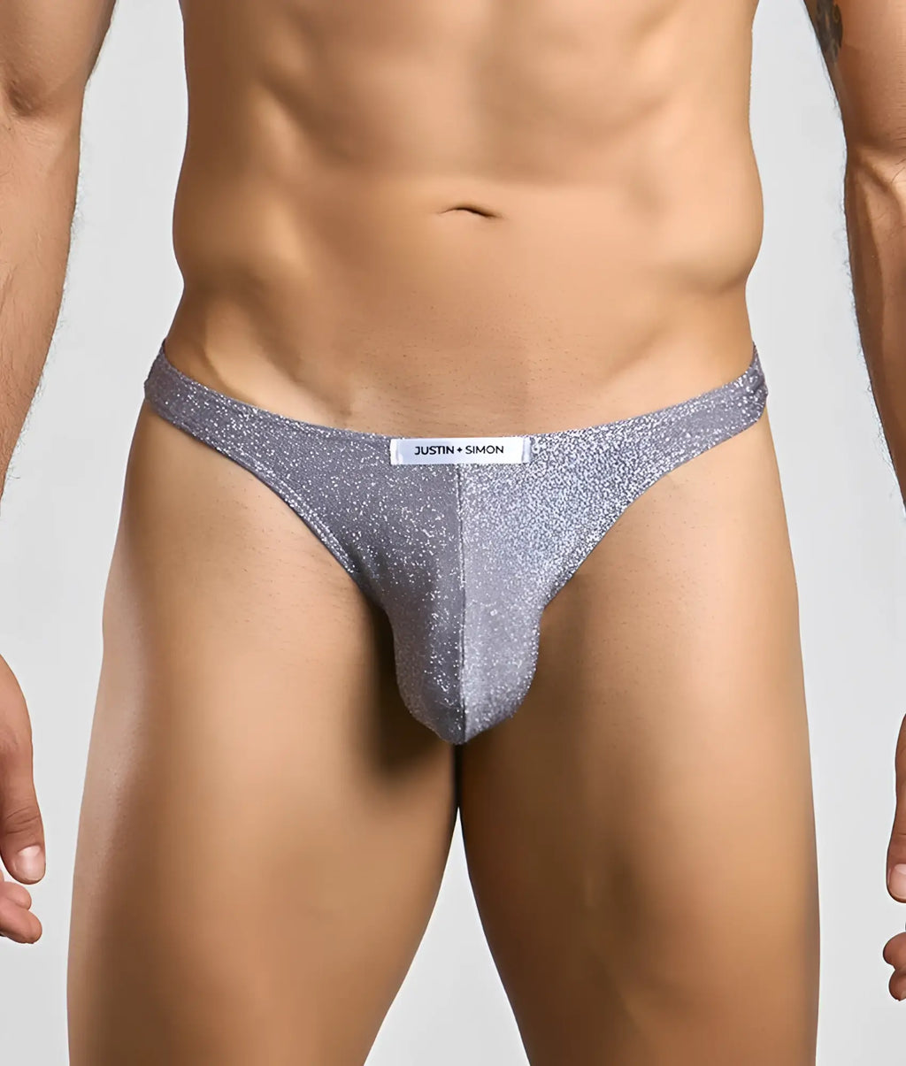 Silver glittery thong from justin simon classic tanga featuring a sleek and shiny design