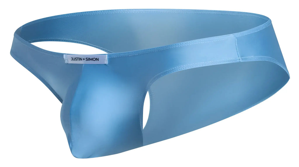 Light blue satin classic bikini briefs with a sleek form-fitting design and justin plus simon brand tag