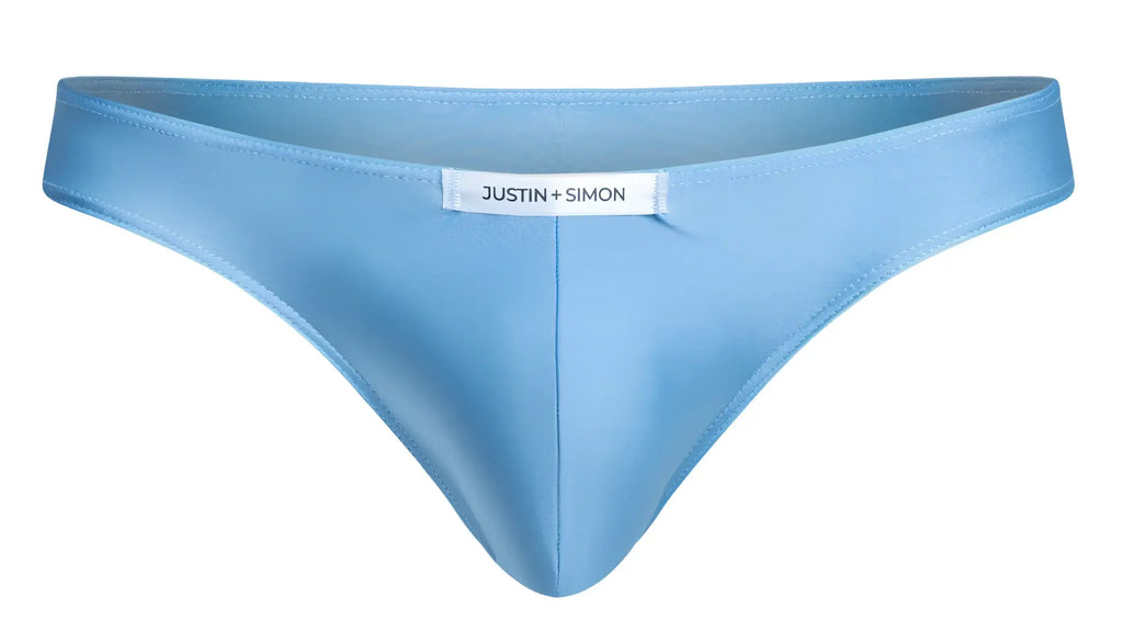 Light blue satin thong from Justin + Simon classic bikini collection in baby blue color and XSJ01 style