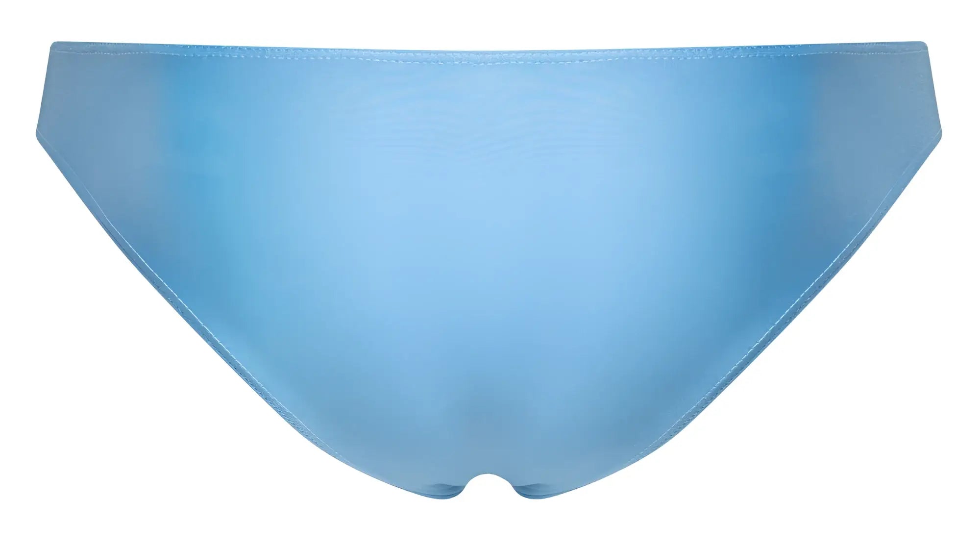 A sleek light blue satin finish classic bikini bottom by justin simon with smooth edges and clean stitching