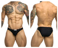 Black athletic briefs justin simon xsj01 classic bikini with small white brand tag on the waistband