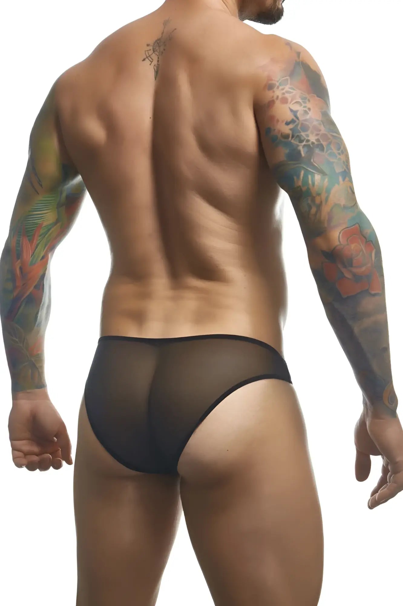 Black sheer mesh briefs from JUSTIN SIMON classic bikini in black mesh showing the front side of the product