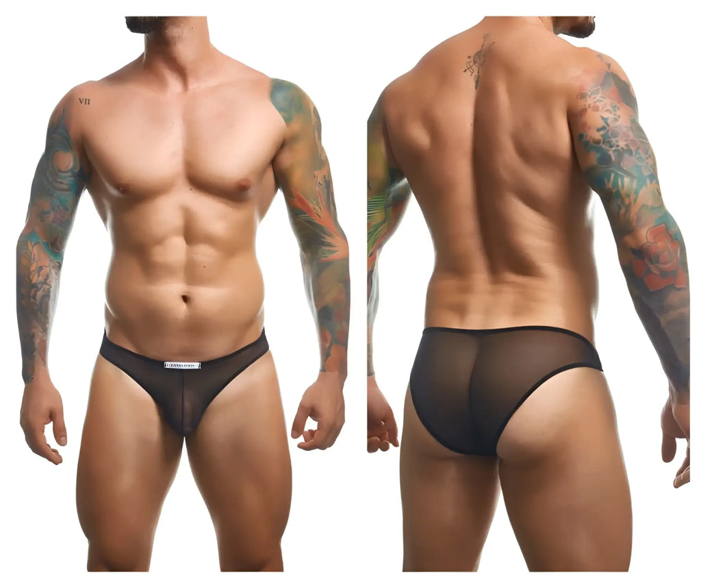 Black sheer mesh briefs with a thin elastic waistband from justin+simon classic bikini collection