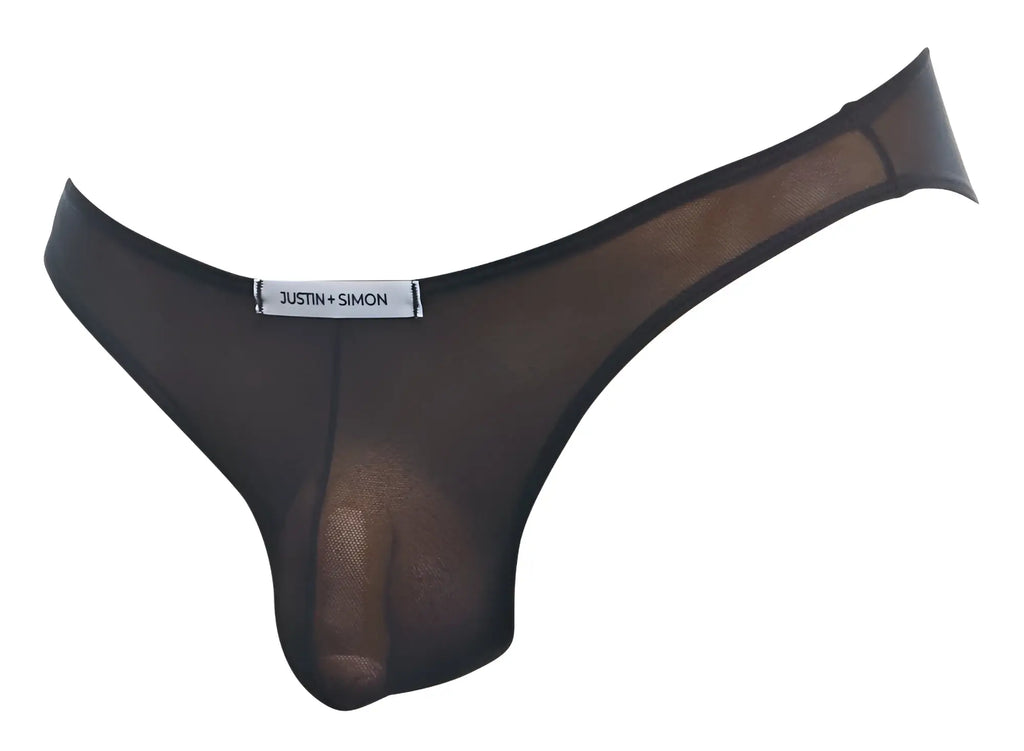 Black sheer mesh thong by Justin + Simon showcasing classic bikini style in black mesh fabric front view