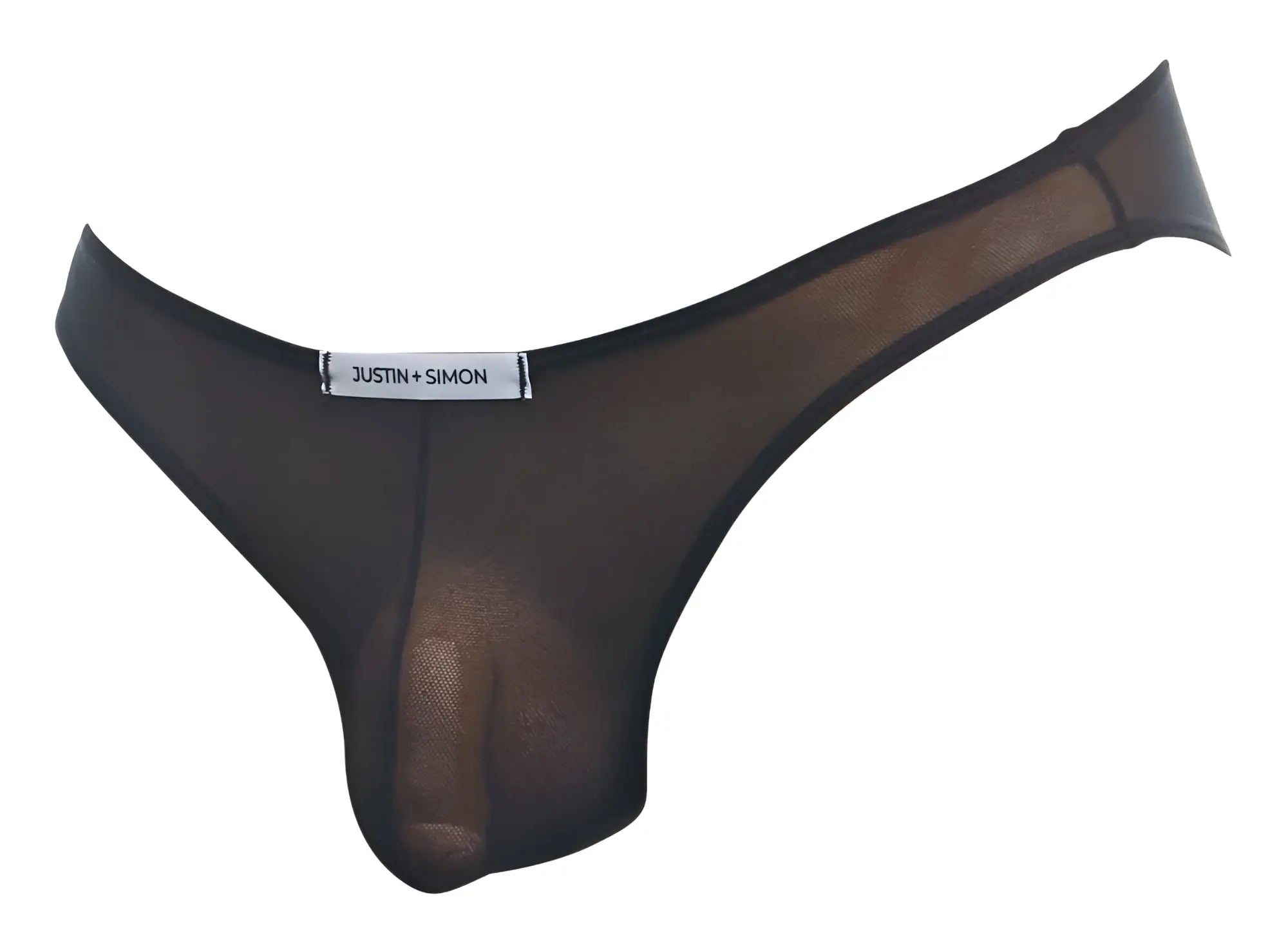 Black sheer mesh thong by Justin + Simon showcasing classic bikini style in black mesh fabric front view