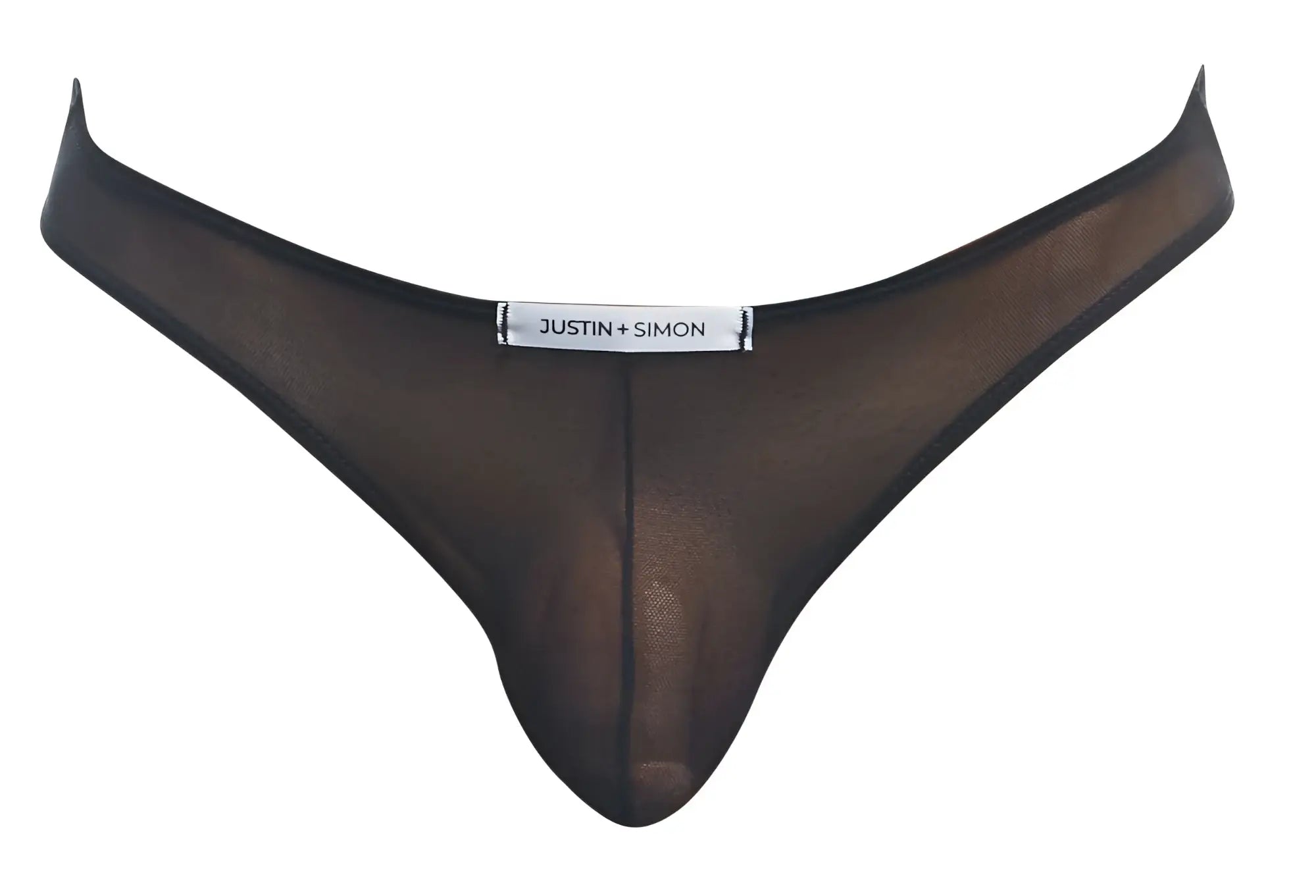 Black sheer mesh thong by justin and simon classic bikini style in black mesh material shown from the back side
