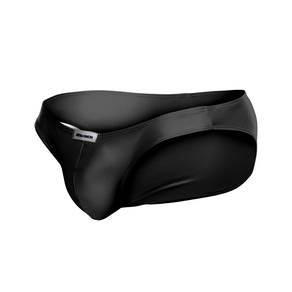 Black justin simon xsj01 classic bikini briefs with a sleek, form-fitting design and smooth glossy finish