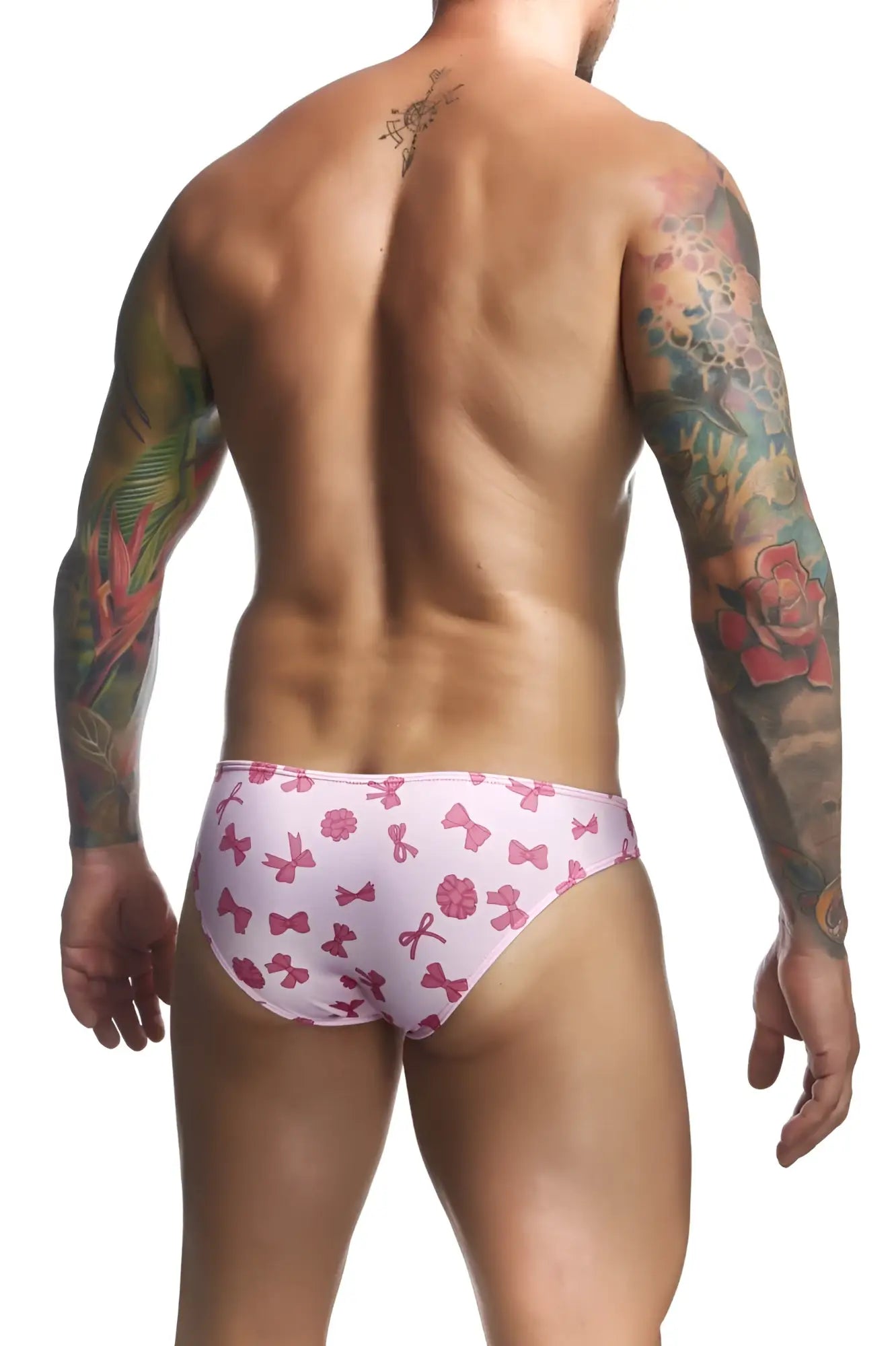 Justin plus simon classic bikini color coquette men’s swim trunks with pink bow pattern for beachwear