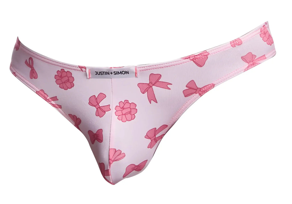 Pink bow and raspberry patterned thong by Justin plus Simon in classic bikini style for vibrant lingerie collection